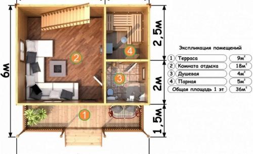 Планировка бань с комнатой отдыха. Планировка бани 04