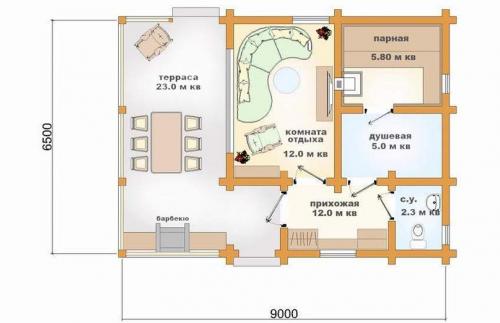 Проект бани с террасой и барбекю с комнатой отдыха. Материал для строительства и фундамент