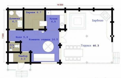 Угловая баня с верандой и барбекю. Проекты бань с террасой и барбекю