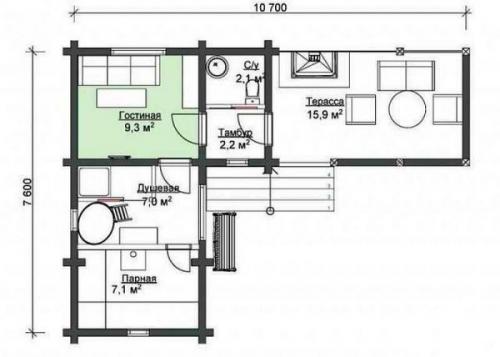 Угловая баня с верандой и барбекю. Проекты бань с террасой и барбекю