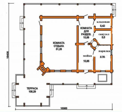 Угловая баня с верандой и барбекю. Проекты бань с террасой и барбекю