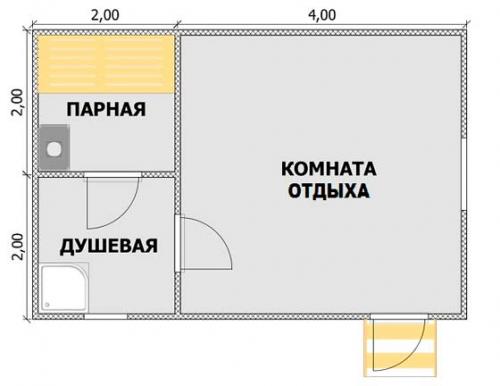 Проект бани из бруса с террасой. Баня 4 на 4,5 с террасой 10